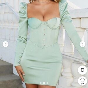OH POLLY DRESS - Possession Puff Sleeve Satin Corset Mini Dress in Green